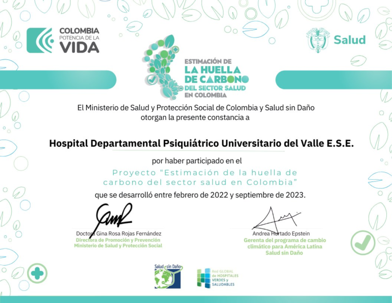 Recibimos constancia por la participación en el proyecto de estimación de huella de carbono del sector salud en Colombia