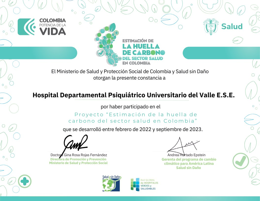 Recibimos constancia por la participación en el proyecto de estimación de huella de carbono del sector salud en Colombia